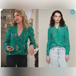 MAJE Viscose Tie Front Green Printed Blouse Small